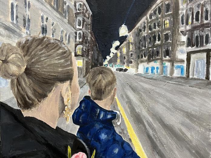 Maleri af to unge der står og kigger ud på en vej i indre københavn