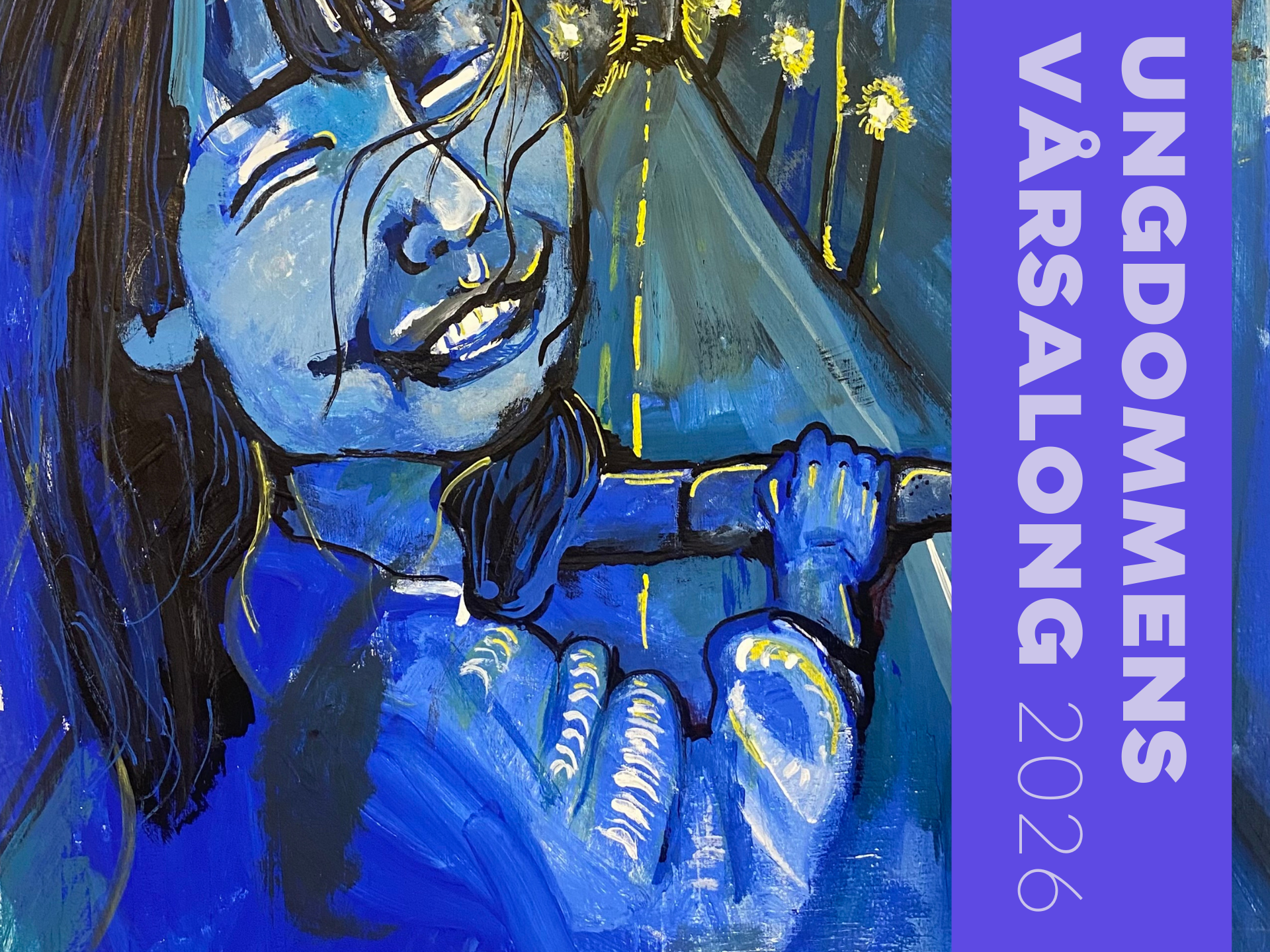 Maleri på trælærred. Pige på cykel i blå nuancer.